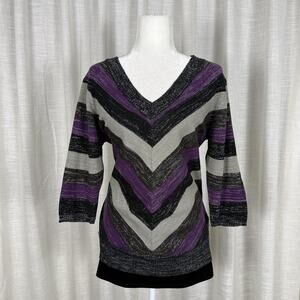 Jennifer Lauren Sweater Womens XL Purple Stripe V Neck 3/4 Sleeve Metallic Knit